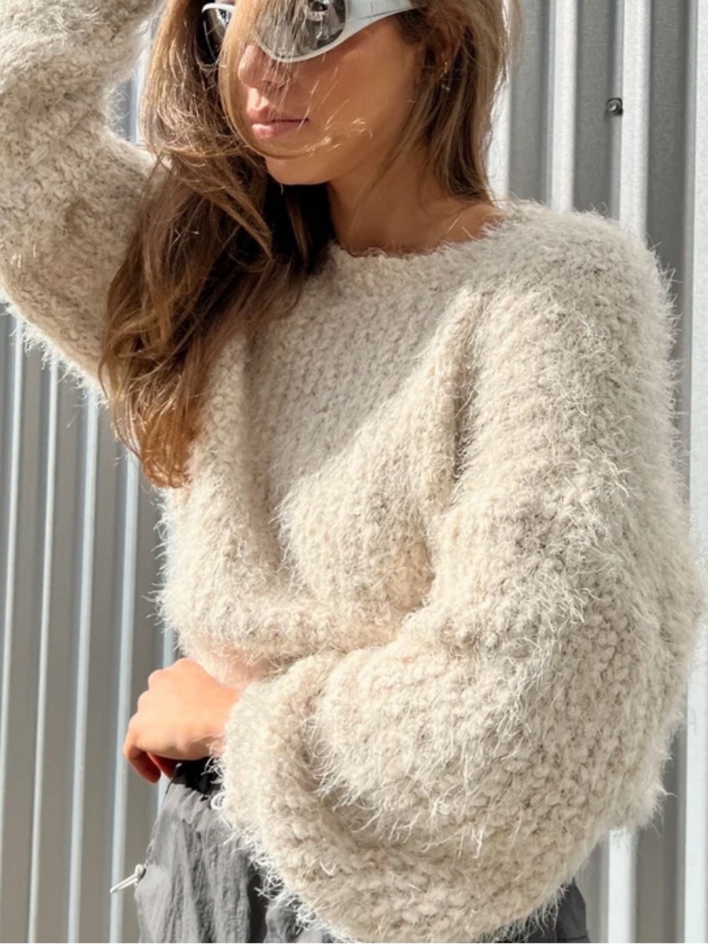 OAK + FORT Plush Crewneck Sweater in Cream